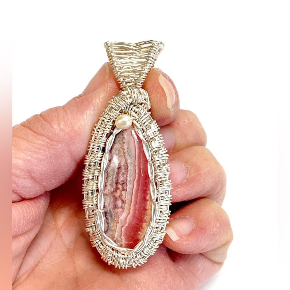 HANDMADE Rhodochrosite Freshwater Pearl Hand Wrapped Feminine Pendant, Gift Her
